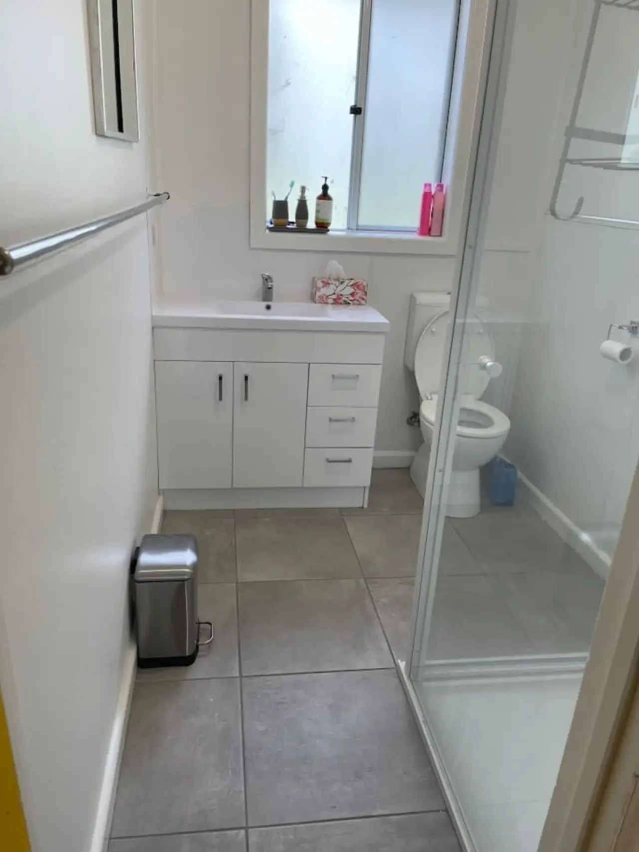 Cosy Tin Shack bathroom with vanity and shower