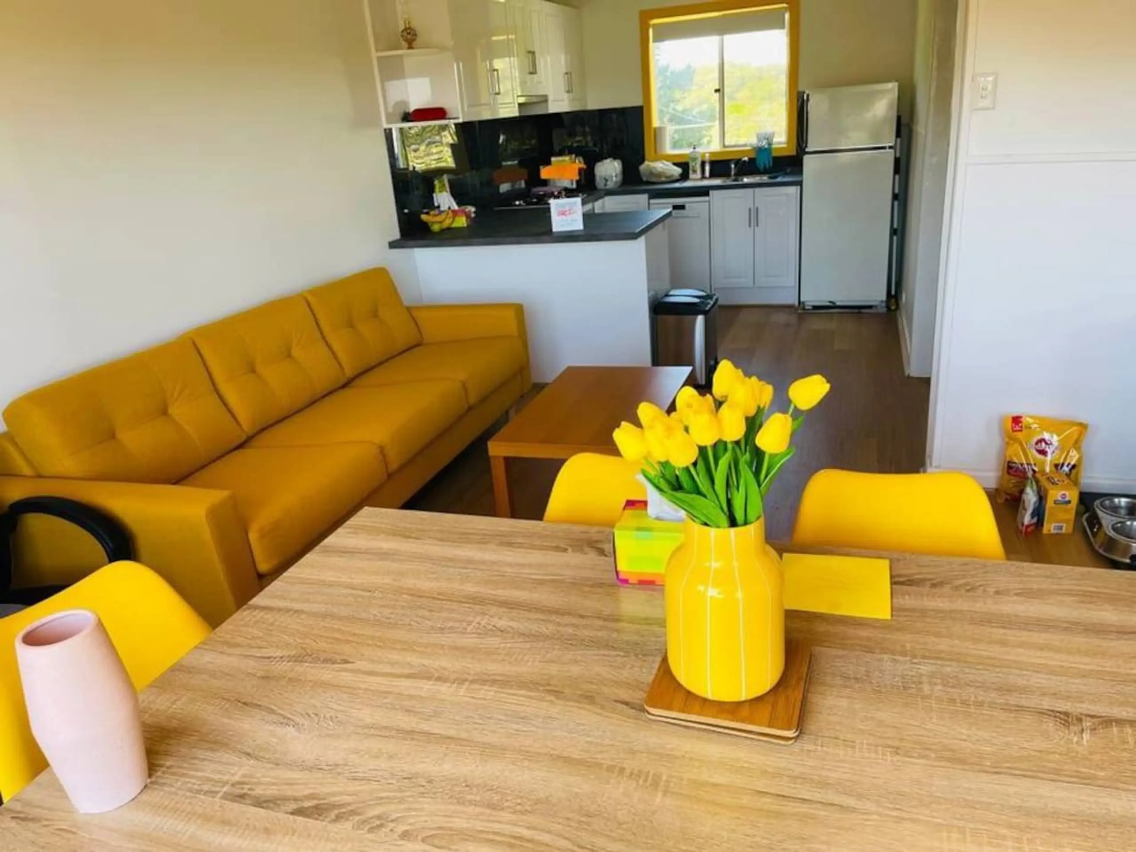 Cosy Tin Shack kitchen and living area with yellow accents