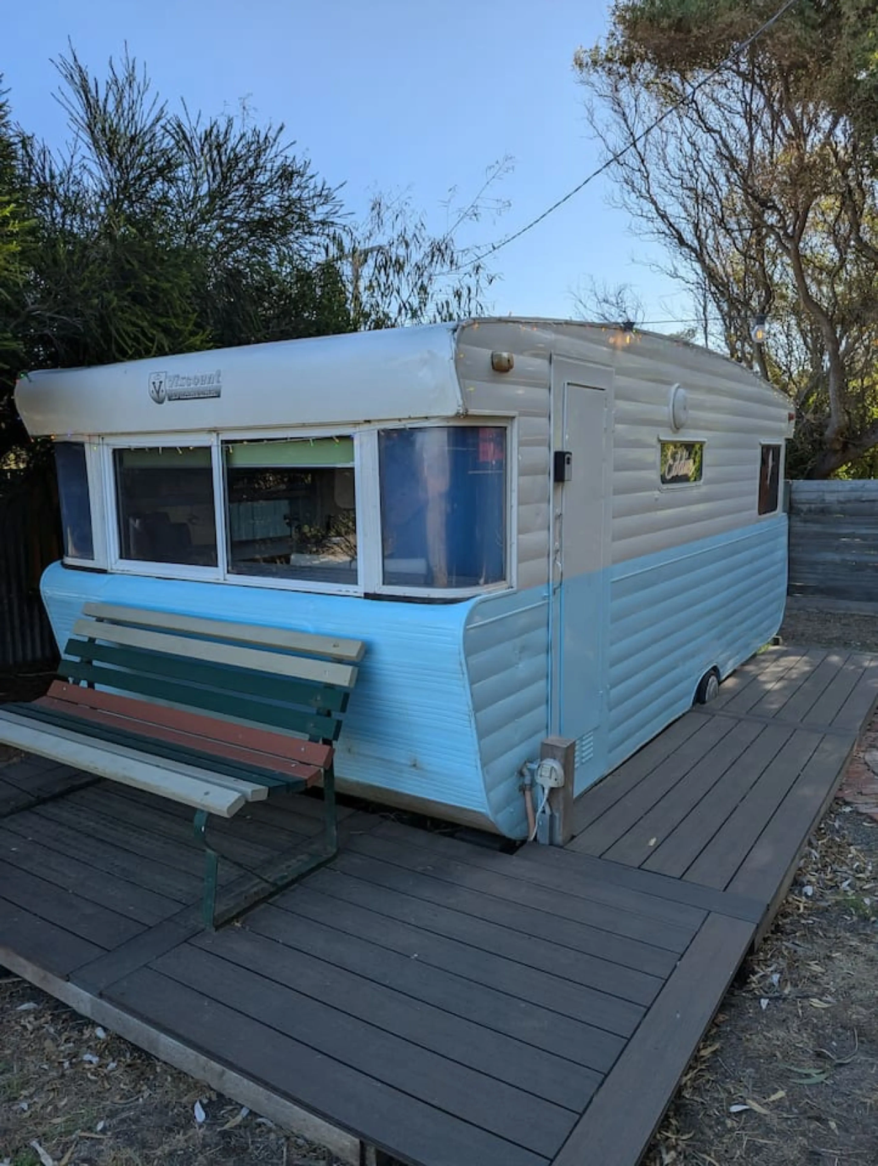 Far View vintage caravan on timber deck