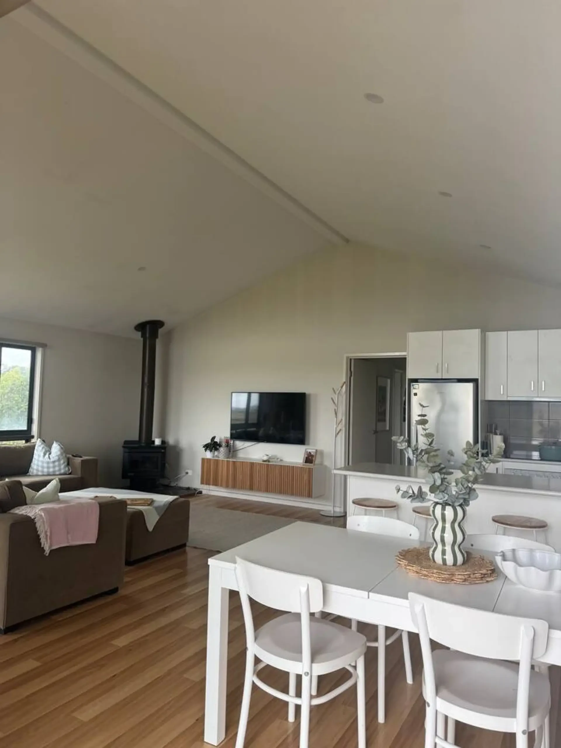 Lancaster Lodge open plan living and dining with wood fire