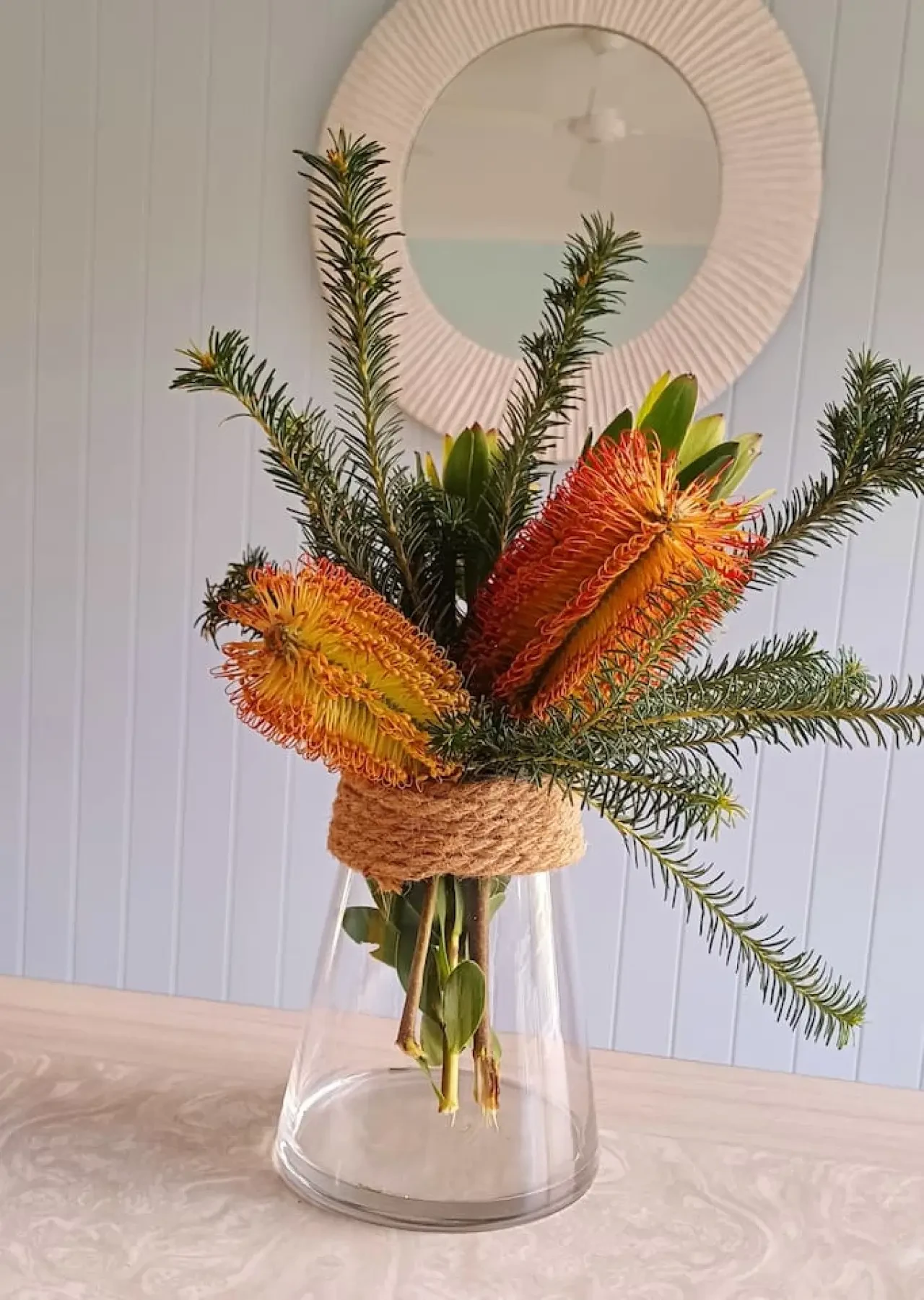 Ocean Blue — native banksia flowers in glass vase