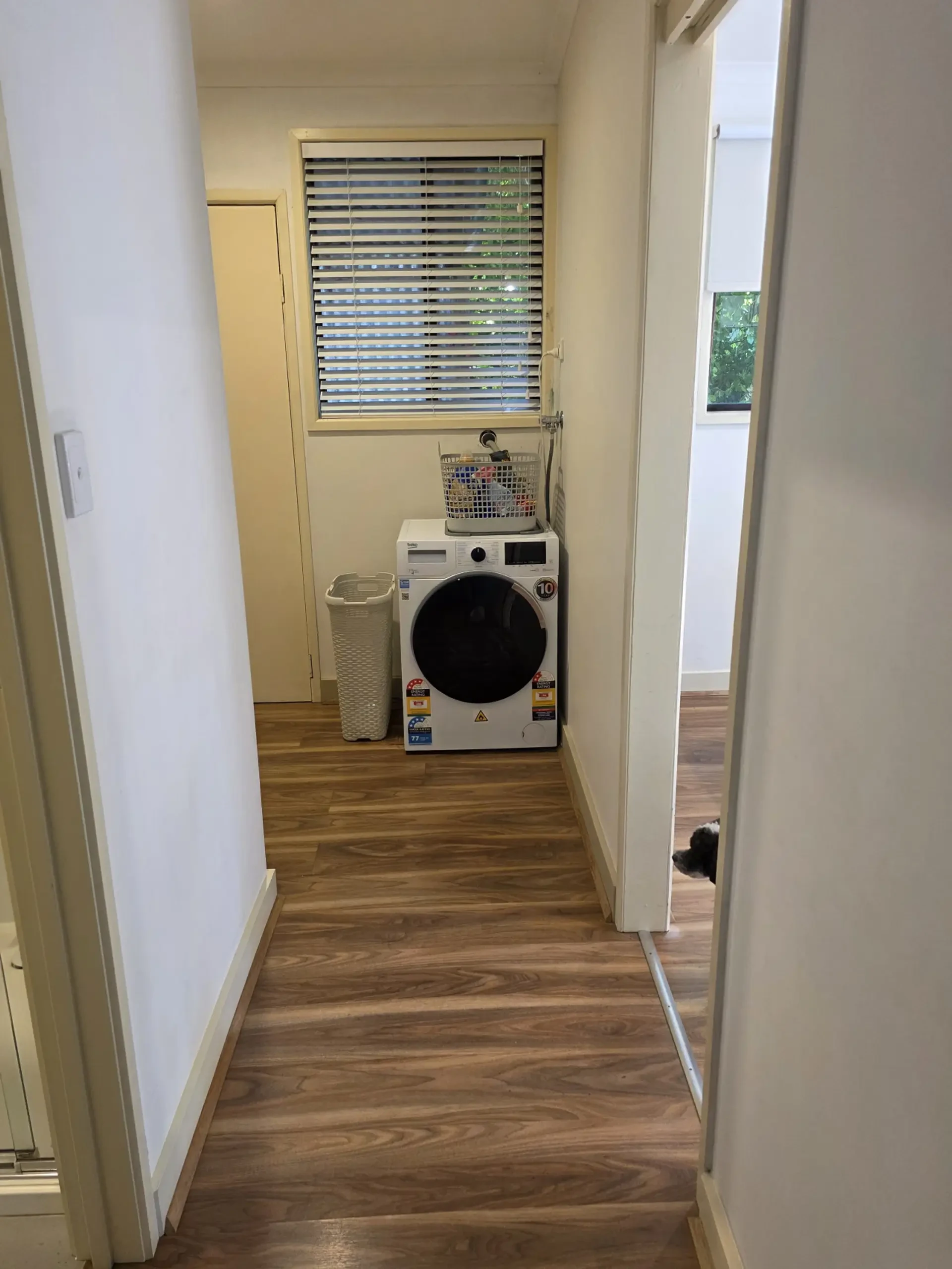 Laundry room with washing machine and timber floors