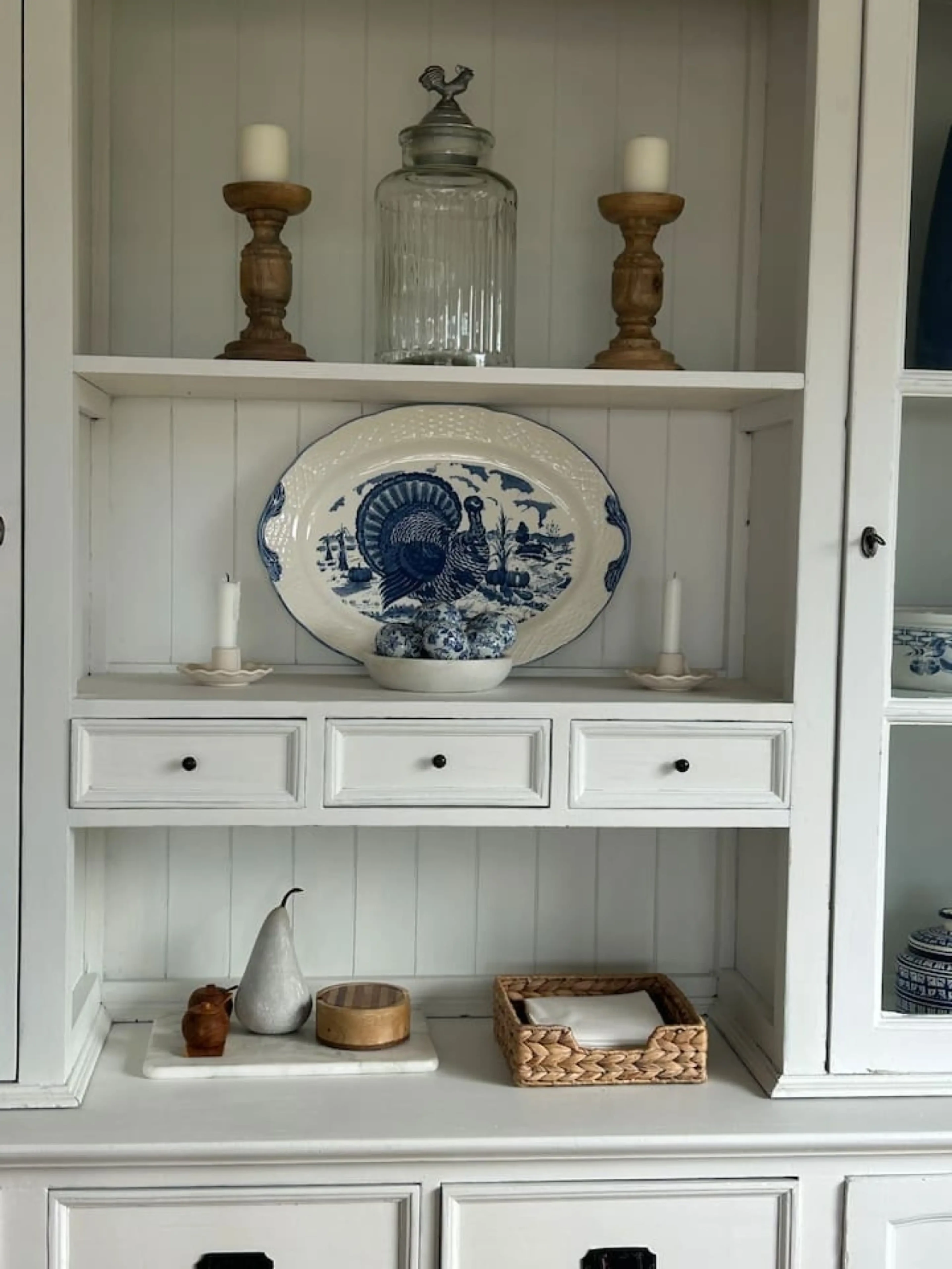 Roo Views display hutch with blue and white ceramics