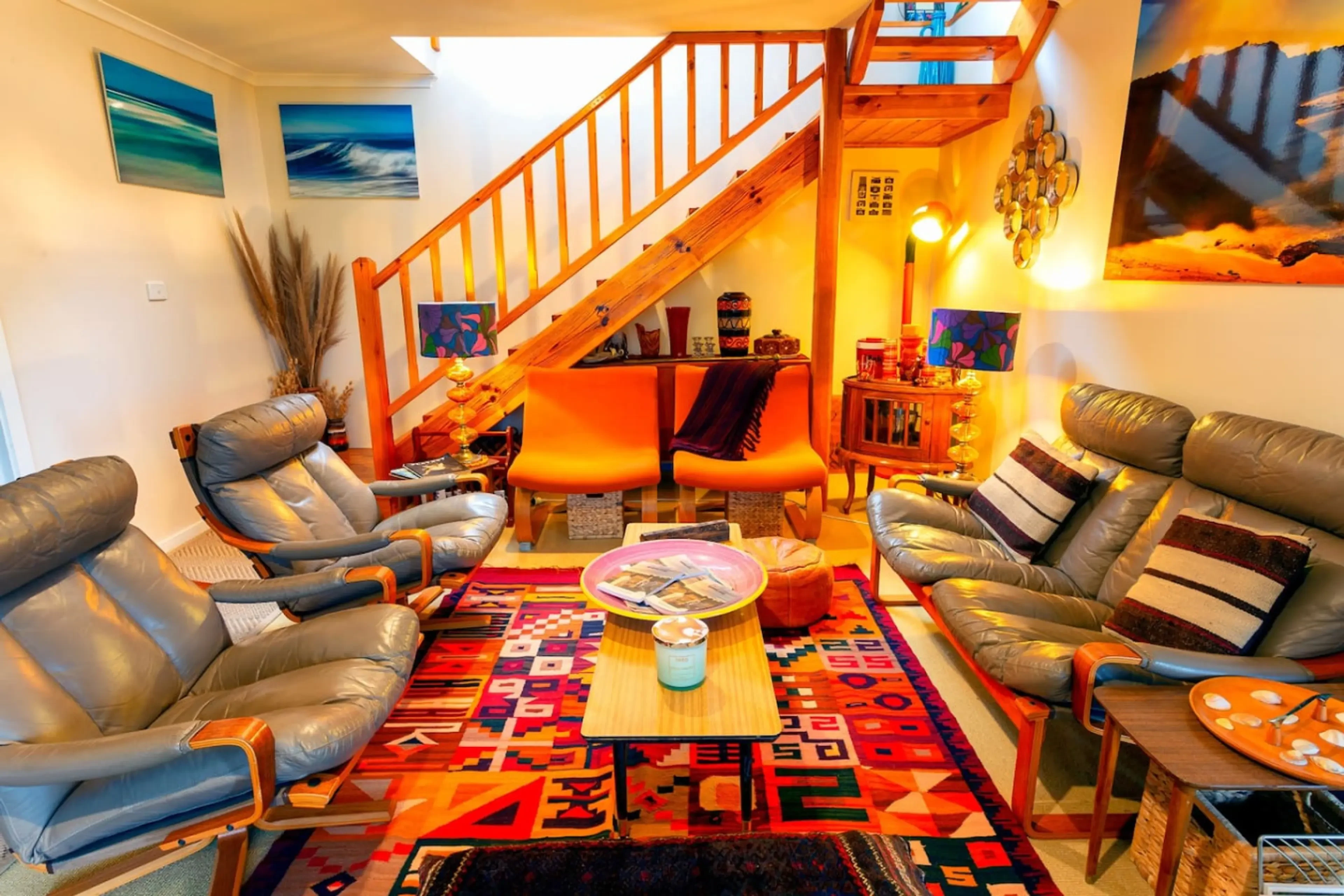 Retro Dunes colourful living room with timber staircase